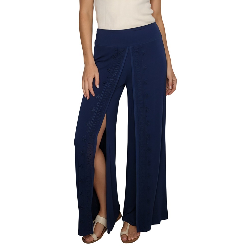 Parsley & Sage Women's Large Blue Embroidered Split Leg Wide Leg Boho Comfort‎